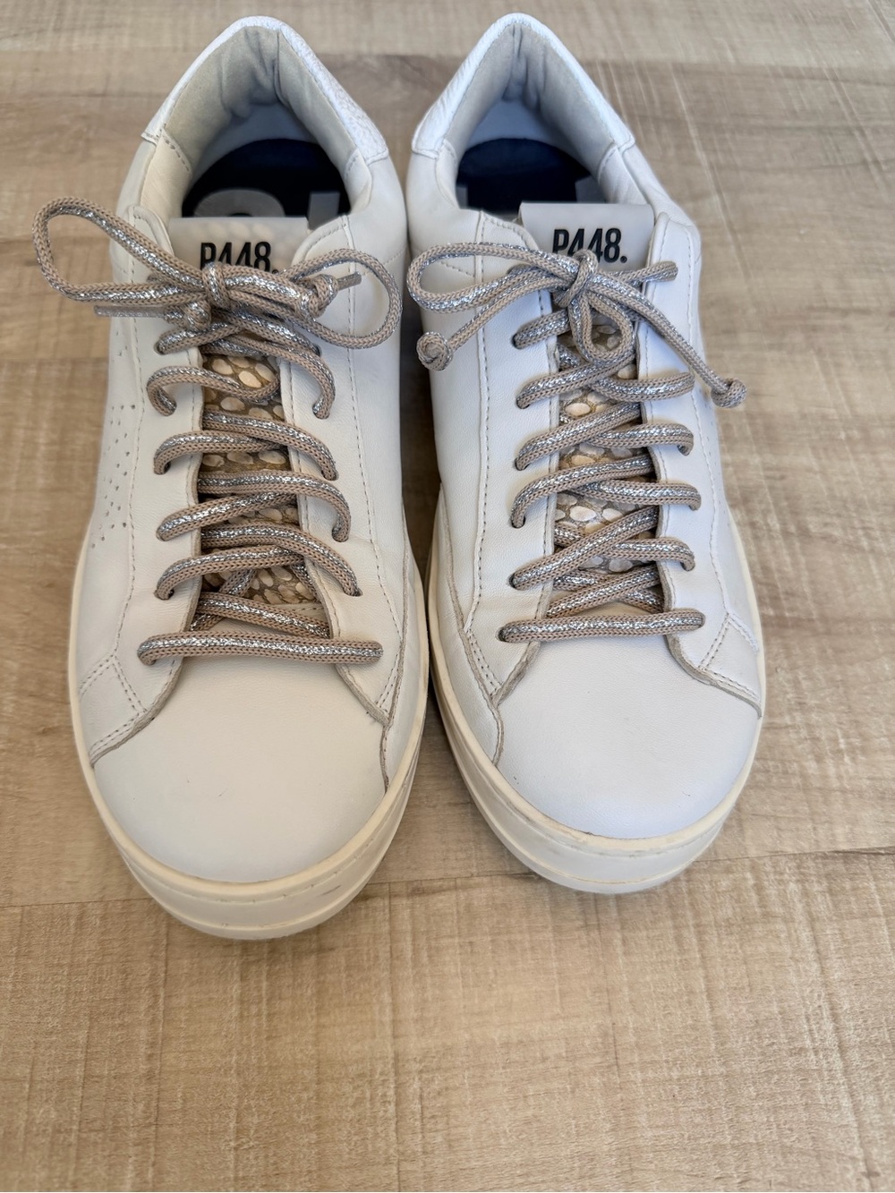 P448 White Leather Snakeskin Low-Top Sneakers with Beige Metallic Laces